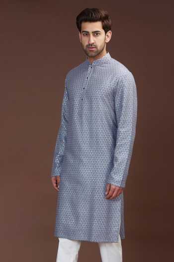 Kasbah_Grey Silk Embroidery Chikankari Kurta_Online_at_Aza_Fashions