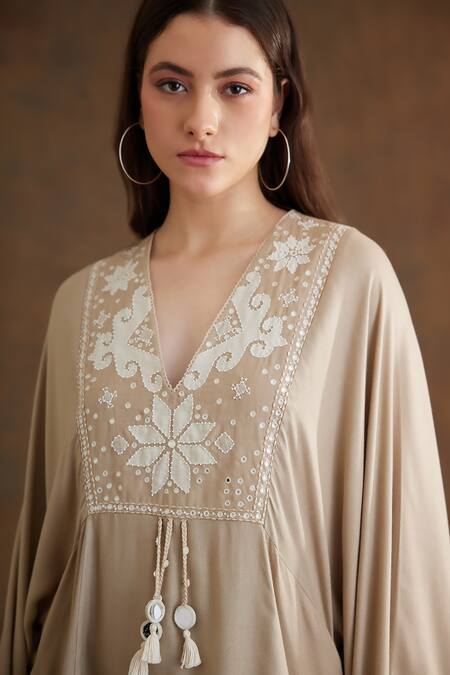 Nikasha_Beige Viscose Embroidery Keyhole Neck Bead Yoke Kaftan Dress _Online_at_Aza_Fashions
