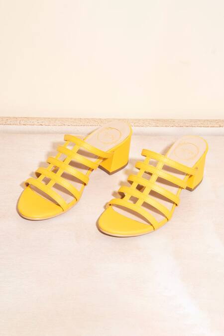 Myra_Yellow Plain Leather Checkered Block Heels_Online_at_Aza_Fashions