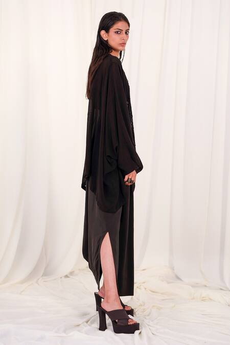 AK-OK Black Silk Sequins, Embroidery Split V-neck, Yoke Kurta And Lungi Skirt Set Online at Aza Fashions AK-OK_Black Silk Sequins, Embroidery Split V-neck, Yoke Kurta And Lungi Skirt Set _Online_at_Aza_Fashions