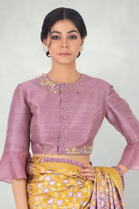I Am Design_Purple Raw Silk Floral And Kantha Embroidery Round Neckline Crop Top _Online_at_Aza_Fashions