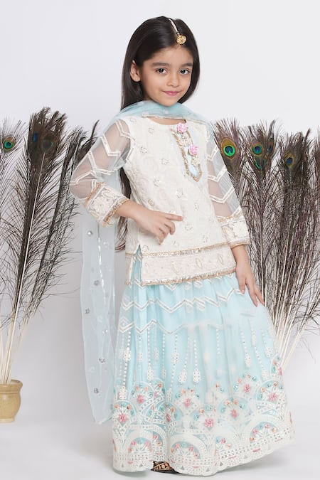 Buy Little Bansi Blue Cotton, Net Gota Patti, Pearls Embroidered Chevron Lehenga Set Online at Aza Fashions Buy_Little Bansi_Blue Cotton, Net Gota Patti, Pearls Embroidered Chevron Lehenga Set _Online_at_Aza_Fashions