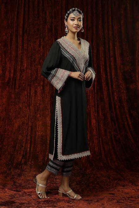 Shikhar Sharma Black Silk Chanderi Embroidered Pearl V Neck Full Sleeve Kurta Pant Set Online at Aza Fashions Shikhar Sharma_Black Silk Chanderi Embroidered Pearl V Neck Full Sleeve Kurta Pant Set _Online_at_Aza_Fashions