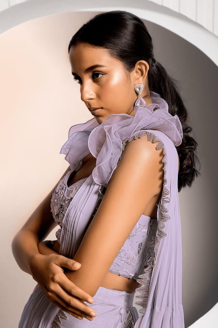 Jade By Ashima_Blue Georgette Embroidery Halter Ophelia Pre-draped Gharara Saree With Blouse _Online_at_Aza_Fashions