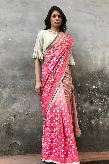 I Am Design_Pink Silk Ikat Print Ruffle Border Saree _Online_at_Aza_Fashions