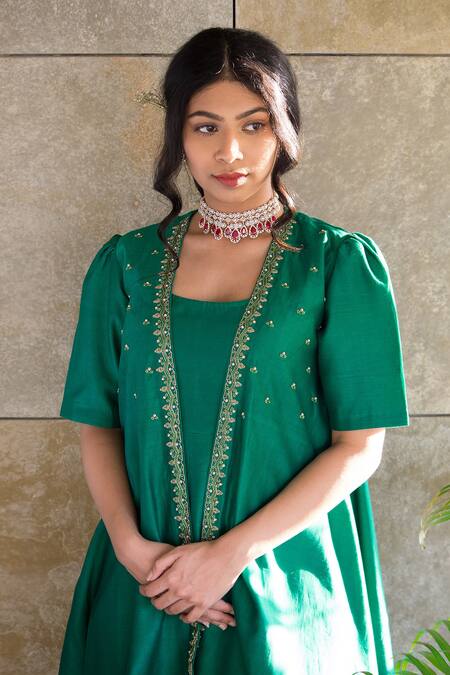 Cupid Cotton Green Chanderi Silk Pearls, Zari, Embroidery Sweetheart Anarkali With Jacket Online at Aza Fashions Cupid Cotton_Green Chanderi Silk Pearls, Zari, Embroidery Sweetheart Anarkali With Jacket _Online_at_Aza_Fashions