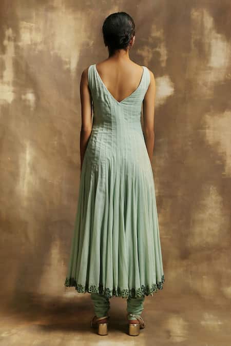 Shop Karishma Khanduja Bareilly Green Cotton V Neck Anarkali Set at Aza Fashions Shop_Karishma Khanduja Bareilly_Green Cotton V Neck Anarkali Set _at_Aza_Fashions