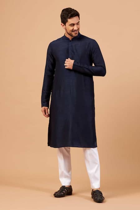 Hilo Design Blue Cotton, Silk, Lycra Mandarin Collar Straight Kurta Set Online at Aza Fashions Hilo Design_Blue Cotton, Silk, Lycra Mandarin Collar Straight Kurta Set _Online_at_Aza_Fashions