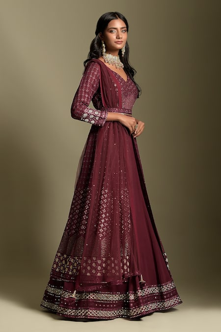 Two Sisters By Gyans Maroon Georgette, Dupatta Net Sequin And Resham Embroidered Anarkali Lehenga Set Online at Aza Fashions Two Sisters By Gyans_Maroon Georgette, Dupatta Net Sequin And Resham Embroidered Anarkali Lehenga Set _Online_at_Aza_Fashions