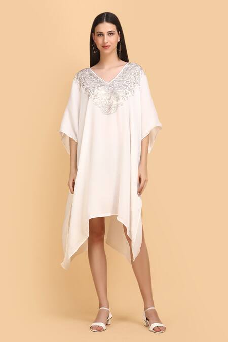 Label Ivish_Off White Silk, Chiffon Embroidery V-neck Rhinestone Embellished Kaftan _Online_at_Aza_Fashions