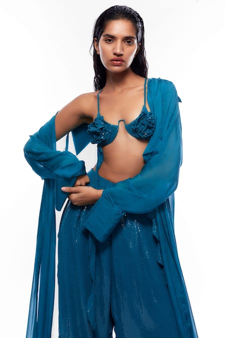 Deme By Gabriella Blue Georgette, Chiffon Fabric Flowers, Long Cape And Embellished Harem Pant Set Online at Aza Fashions Deme By Gabriella_Blue Georgette, Chiffon Fabric Flowers, Long Cape And Embellished Harem Pant Set _Online_at_Aza_Fashions