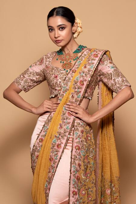 Pallavi Poddar Yellow Silk, Satin, Tissue Jaysore Zardozi Pant Saree With Raw Blouse Online at Aza Fashions Pallavi Poddar_Yellow Silk, Satin, Tissue Jaysore Zardozi Pant Saree With Raw Blouse _Online_at_Aza_Fashions