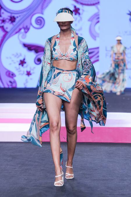 Limerick By Abirr N' Nanki_Multi Color Crepe Embroidery V-neck Evo Printed Wrap Kaftan Dress _Online_at_Aza_Fashions