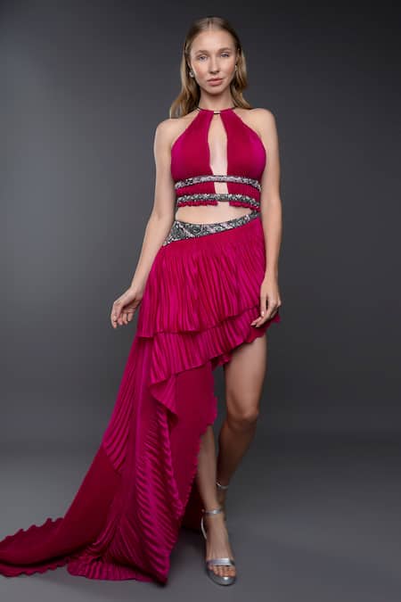 Anjum Qureshi_Fuchsia Pleated Embroidery Cutdana Round Front Cut Out Gown _Online_at_Aza_Fashions