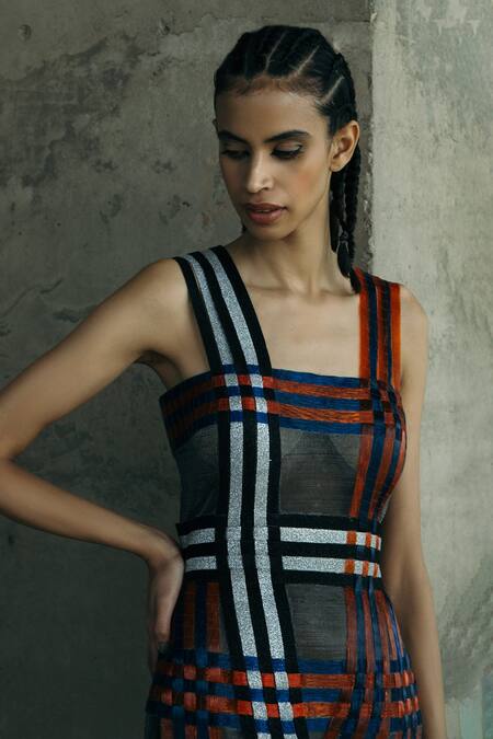 Akhl_Blue Lurex Tulle Embroidered Square Neck Interwoven Glass Sheer Dress _Online_at_Aza_Fashions