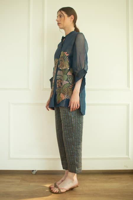 Oja Blue Handloom Silk Applique Band Collar Short Embroidered Tunic And Pant Set Online at Aza Fashions Oja_Blue Handloom Silk Applique Band Collar Short Embroidered Tunic And Pant Set _Online_at_Aza_Fashions