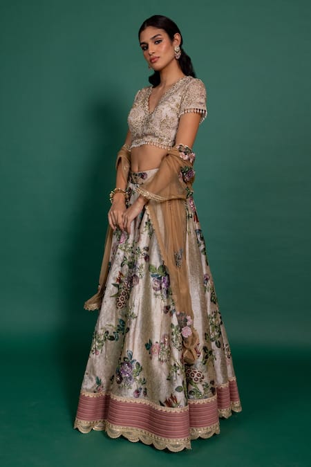 Varun Bahl_Beige Organza, Net, Chanderi Embroidery, Sequins Floral Printed Lehenga Set _Online_at_Aza_Fashions