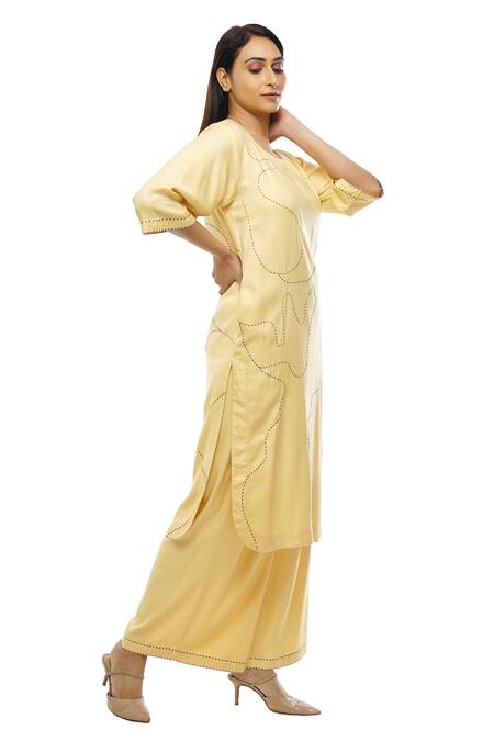 Khat_Yellow Tencel Embroidery Square Neck Abstract Kurta Palazzo Set _Online_at_Aza_Fashions