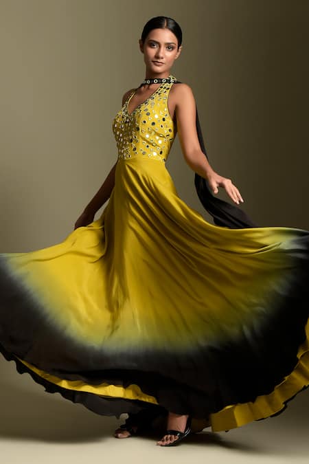 Two Sisters By Gyans_Yellow Anarkali Crepe, Dupatta Georgette Mirror And Resham Work Ombre With Band _Online_at_Aza_Fashions