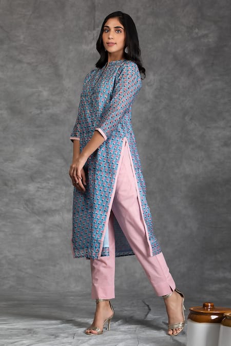 Buy Blue Modal Cotton Printed Floral Round Straight Kurta For Women by  Kameez Online at Aza Fashions.