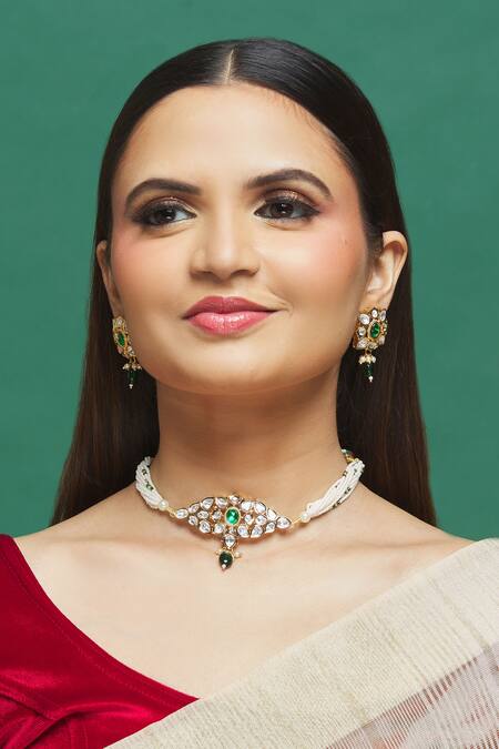 Our Purple Studio_White Pearls, Diamonds, Stones Kundan Studded Choker Set _Online_at_Aza_Fashions