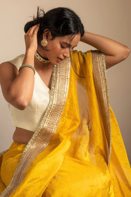 Shorshe Clothing_Yellow Handloom Cotton Pearls, Zari Tissue Embroidered Saree _Online_at_Aza_Fashions