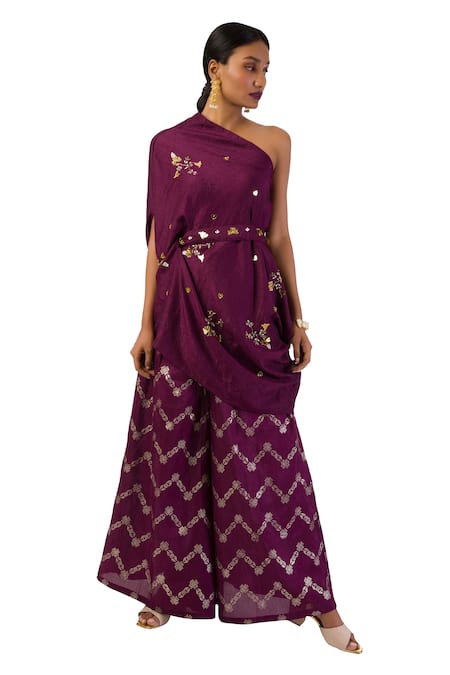 Meghna Shah Wine Silk Beads, Stones One Shoulder Embroidered Top And Pant Set Online at Aza Fashions Meghna Shah_Wine Silk Beads, Stones One Shoulder Embroidered Top And Pant Set _Online_at_Aza_Fashions