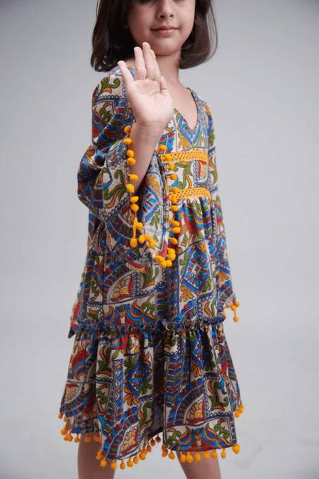 Littlecheer_Multi Color Cotton, Rayon Pom-poms Little Gypsy Floral Print Dress _Online_at_Aza_Fashions