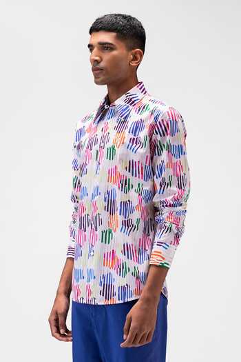 Genes Lecoanet Hemant_Multi Color Cotton, Poplin Rainbow Striped And Floral Collage Shirt_Online_at_Aza_Fashions