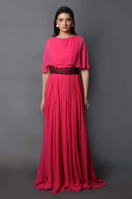 Swatee Singh_Fuchsia Georgette Lace Bandeau Neck Bateau Slit Gown _Online_at_Aza_Fashions
