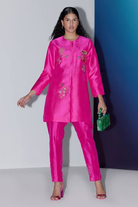 FEBO6_Pink Silk Diamonds Round Neck Grapevine Embroidered Jacket _Online_at_Aza_Fashions