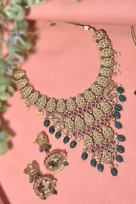 Swabhimann_Green Stones Gold Embellished Temple Necklace Set _Online_at_Aza_Fashions