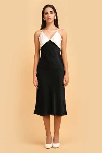 Label Ivish_Black Silk, Satin Plunge Neck Color Block Dress _Online_at_Aza_Fashions