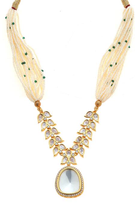 Minaki_White Crystals, Pearls, Piping, Zari Embellished Pendant Necklace Set_Online_at_Aza_Fashions