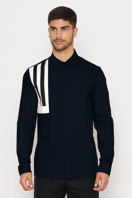 Lacquer Embassy_Blue Cotton Satin Navy Shirt With Block Panels _Online_at_Aza_Fashions