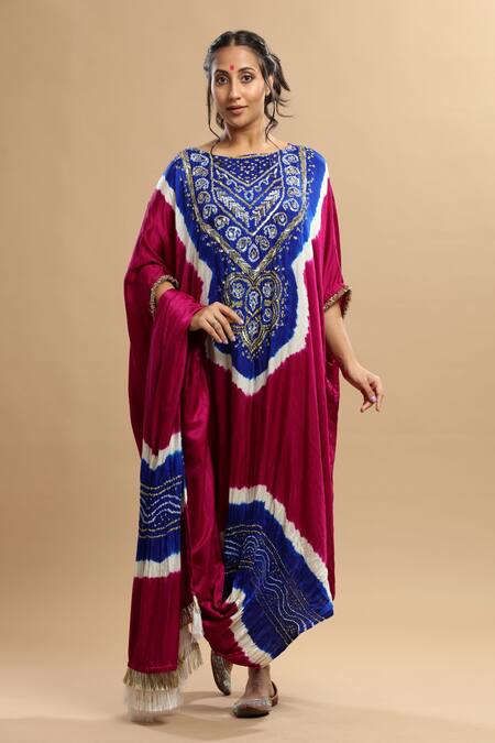 Etasha By Asha Jain_Blue Silk Embroidery, Zari Round Neck Draped Kaftan And Pant Set _Online_at_Aza_Fashions