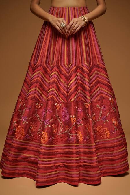 Neeta Lulla Red Silk, Tulle Beads, Sequins, Zari Phoenix Stripe Pattern Bridal Lehenga Set Online at Aza Fashions Neeta Lulla_Red Silk, Tulle Beads, Sequins, Zari Phoenix Stripe Pattern Bridal Lehenga Set_Online_at_Aza_Fashions