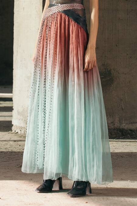 Akhl_Green Silk Organza, Viscose Embroidery Woven Ombre Skirt _Online_at_Aza_Fashions