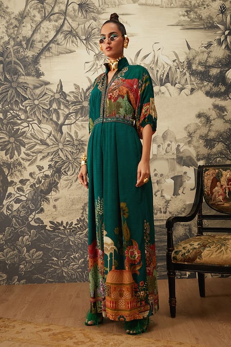 Kalista_Green Crepe Embroidery Collared Seinna Mughal Print Jumpsuit _Online_at_Aza_Fashions
