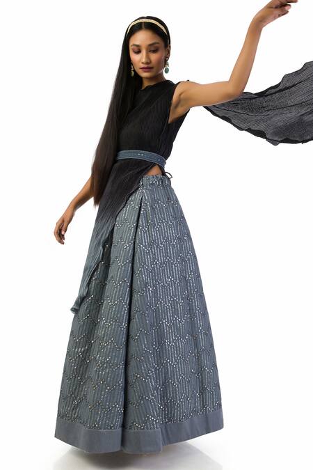 Meghna Shah Grey Georgette, Chiffon Embroidery, Sequins One Shoulder Top And Skirt Set Online at Aza Fashions Meghna Shah_Grey Georgette, Chiffon Embroidery, Sequins One Shoulder Top And Skirt Set _Online_at_Aza_Fashions