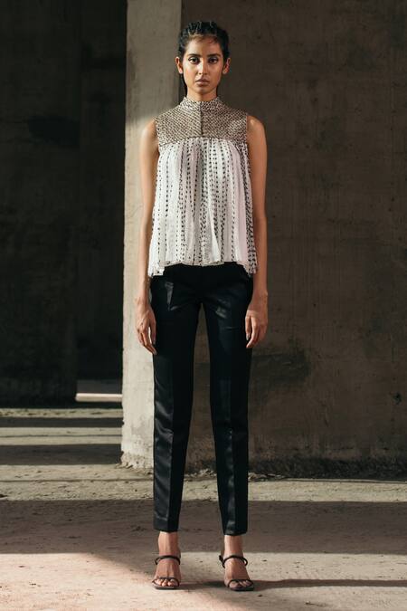 Akhl_Gold Silk Organza, Viscose Embroidery Mandarin Collar Metallic Gathered Blouse_Online_at_Aza_Fashions