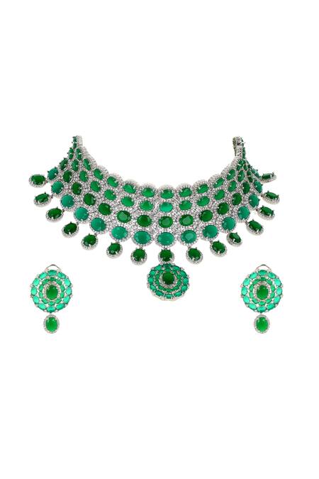 Ishhaara Green Stones Carved Floral Embellished Choker Necklace Set Online at Aza Fashions Ishhaara_Green Stones Carved Floral Embellished Choker Necklace Set _Online_at_Aza_Fashions