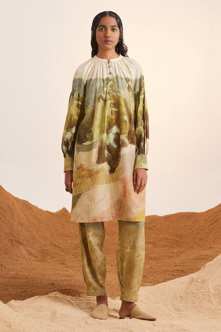 Cord_Beige Cotton Collared Dale Print Tunic_Online_at_Aza_Fashions