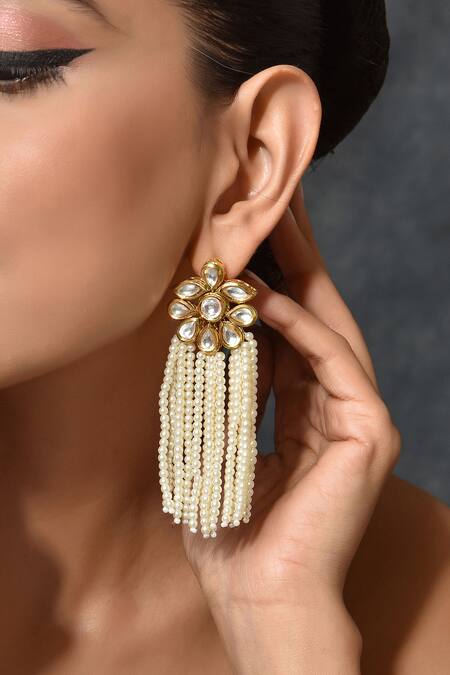 Shop_Swabhimann_Gold Plated Diamonds, Pearls Floral Shape Dangler Earrings _Online_at_Aza_Fashions