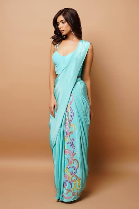 Ahi Clothing Blue Hemp, Crepe Cut Work, Embroidery Pre-draped Kali Saree With Bustier Online at Aza Fashions Ahi Clothing_Blue Hemp, Crepe Cut Work, Embroidery Pre-draped Kali Saree With Bustier _Online_at_Aza_Fashions