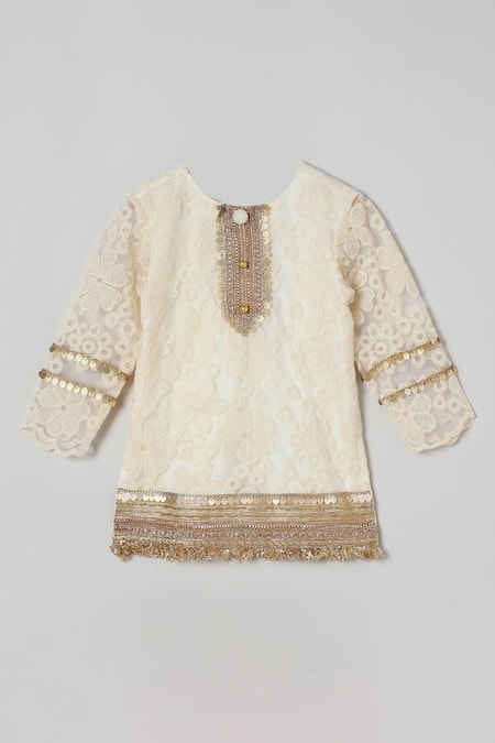 Byb Premium_Ivory Organza, Cotton Sequins, Lace Embroidered Placket Kurta Sharara Set _Online_at_Aza_Fashions