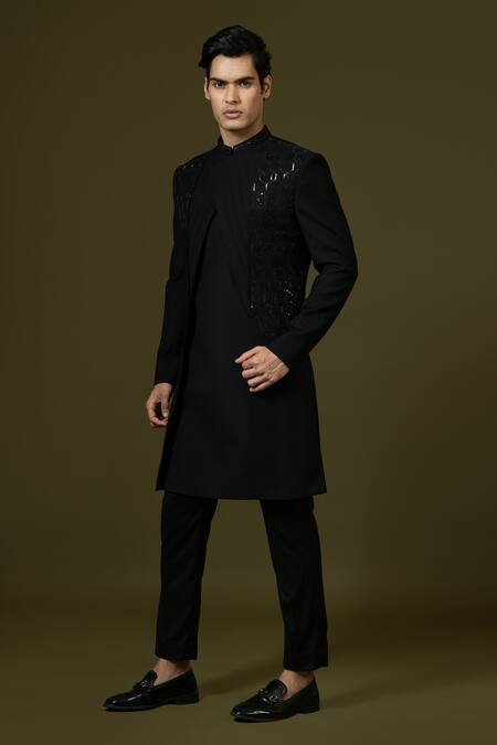 PAARSH_Black Terrycloth, Cotton Zari Zardozi Embroidered Achkan Trouser Set _Online_at_Aza_Fashions
