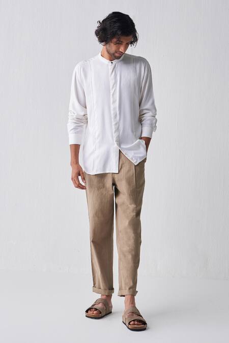 THREE_Ivory Tencel Solid Shirt _Online_at_Aza_Fashions