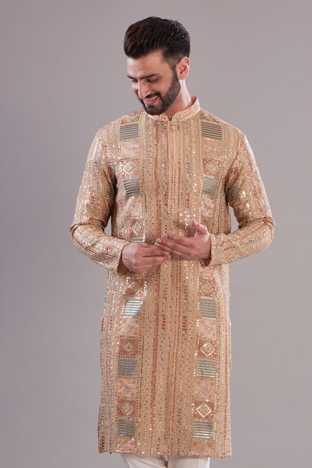 Kasbah_Peach Georgette, Cotton Sequins Pastel Embroidered Kurta Set _Online_at_Aza_Fashions