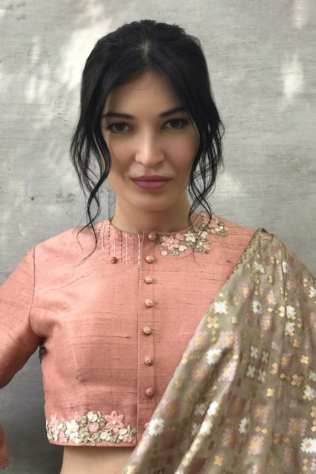 I Am Design Peach Raw Silk Floral And Kantha Embroidery Round Crop Top Online at Aza Fashions I Am Design_Peach Raw Silk Floral And Kantha Embroidery Round Crop Top _Online_at_Aza_Fashions